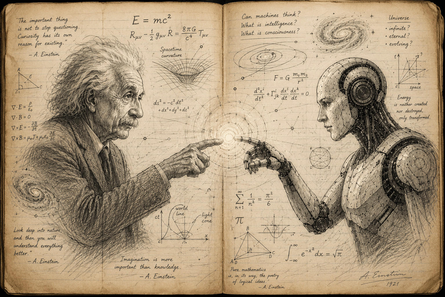 Einstein and an AI figure reaching toward a shared point of light in an illustrated notebook.